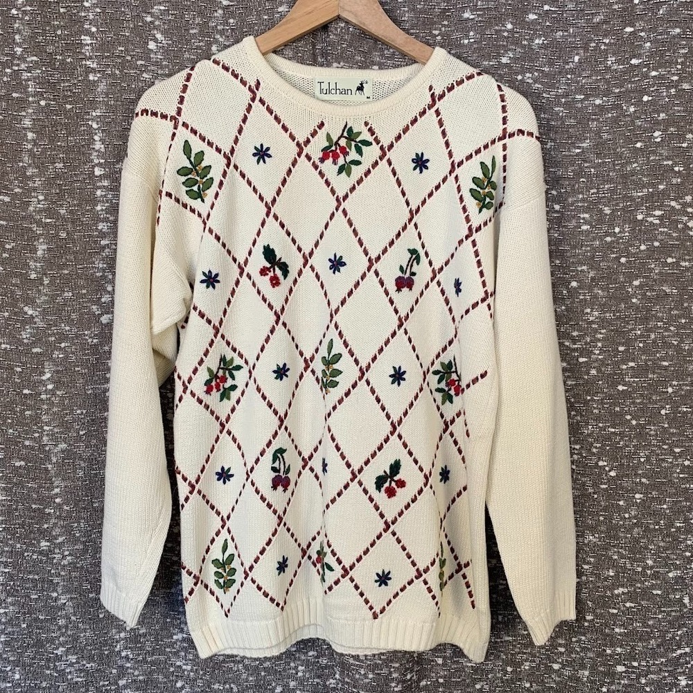Vintage Tulchan White Knit Sweater Ribbon Embroidered‎ Cottagecore Women's M